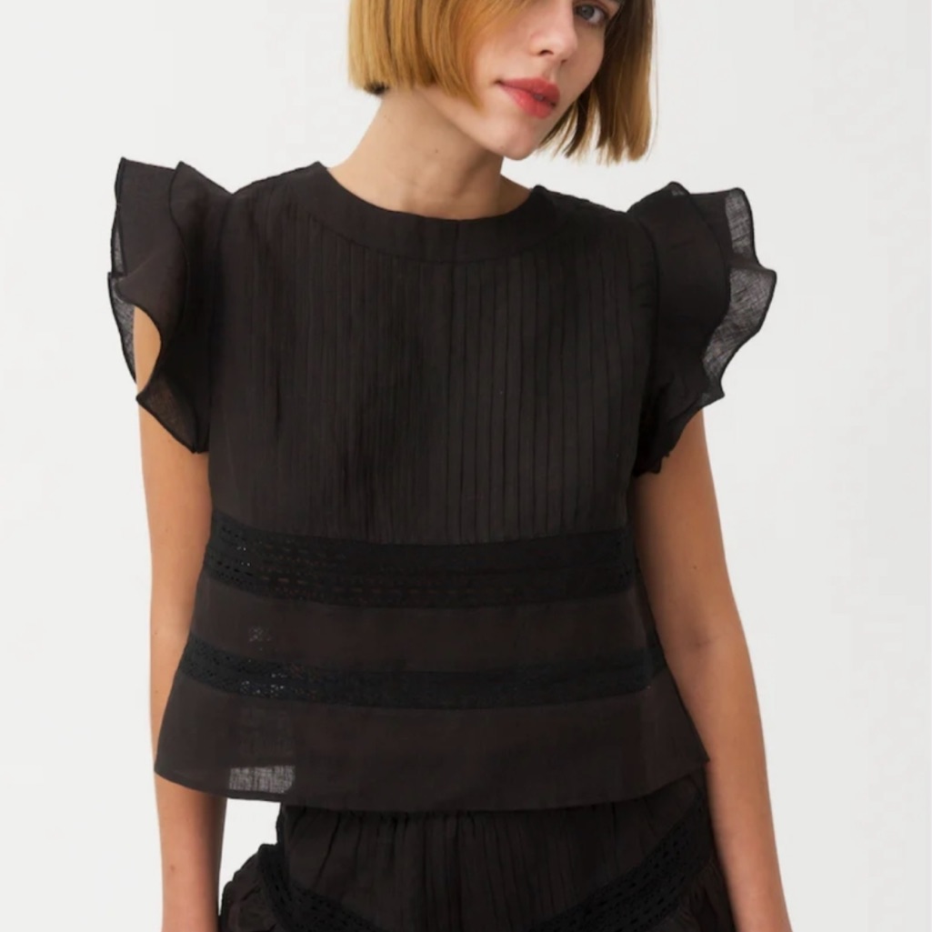 Maia Bergman Claudia Onyx Ruffle Sleeve Sheer Lace Trim Top Women’s M